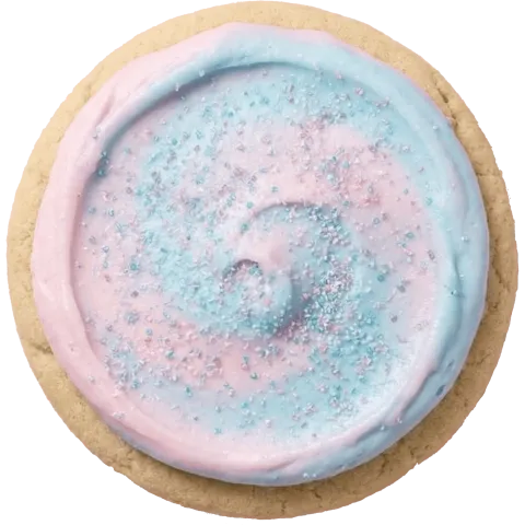 A Dipped cookie with pink and blue candy floss frosting